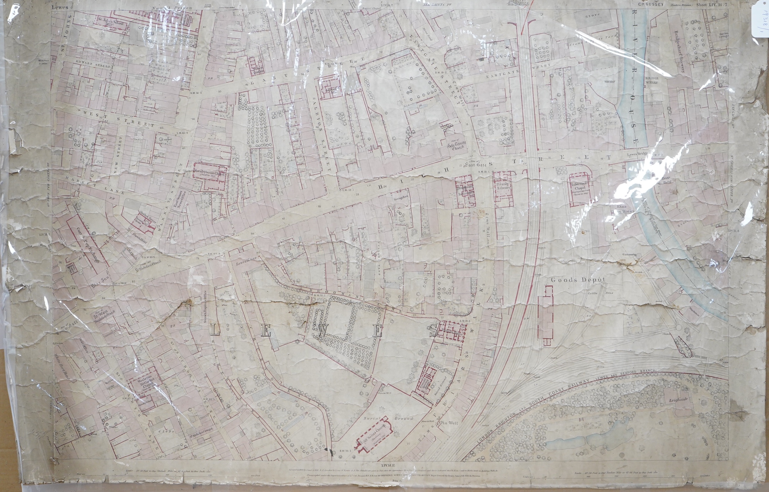 Local interest; 19th century coloured engraved map of Lewes, surveyed in 1873 by Lieutenant A. Hill, R.E levelled by Lieutenant W. Wayne, unframed, 70 x 107cm